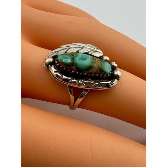 Vintage Betty Thomas Sanel Navajo Sterling Silver 925 Turquoise Leaf Ring - Picture 6 of 8